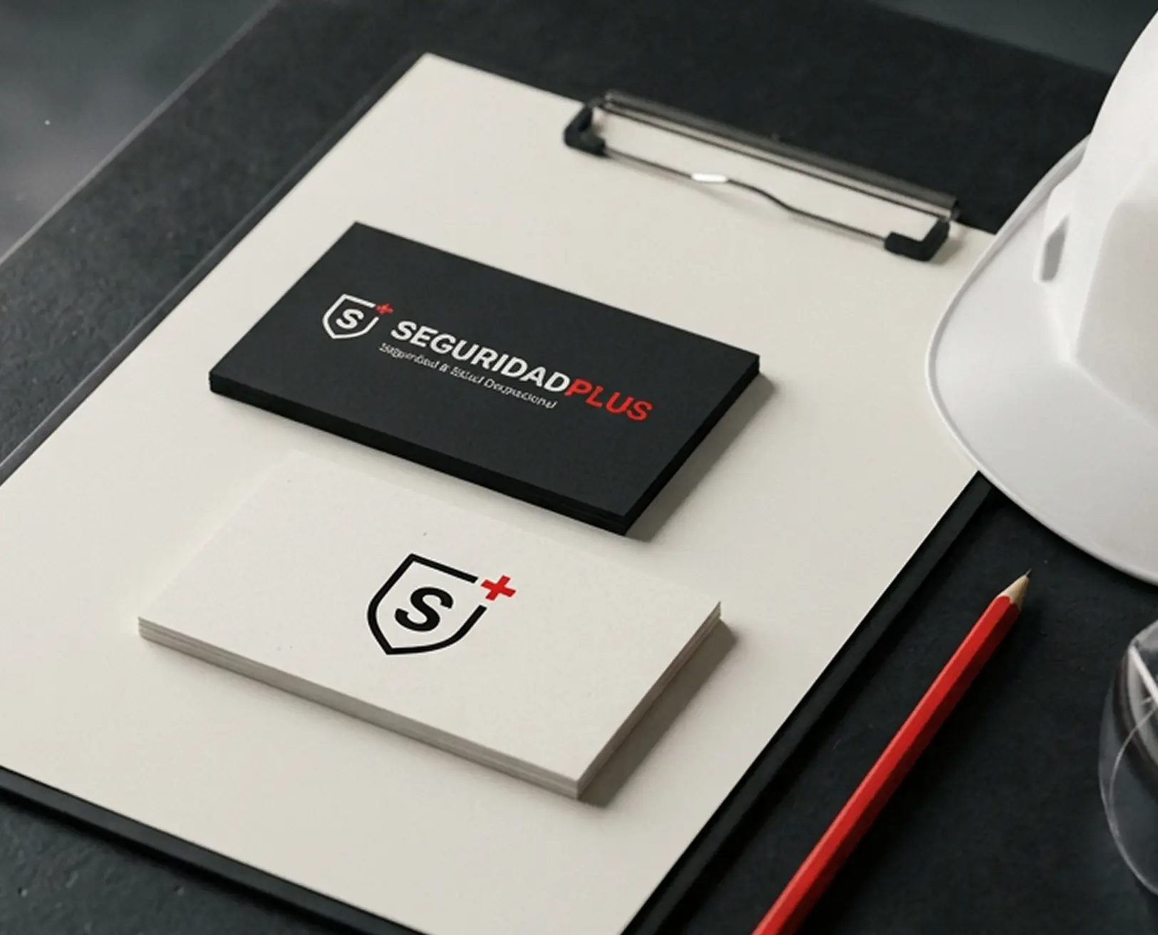 Isologo de SeguridadPlus en sus versiones sobre fondo oscuro, monocromo sobre rojo e isotipo sobre claro