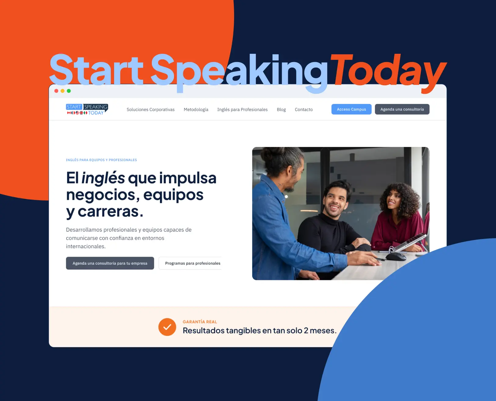 Home de Start Speaking Today en un marco de navegador