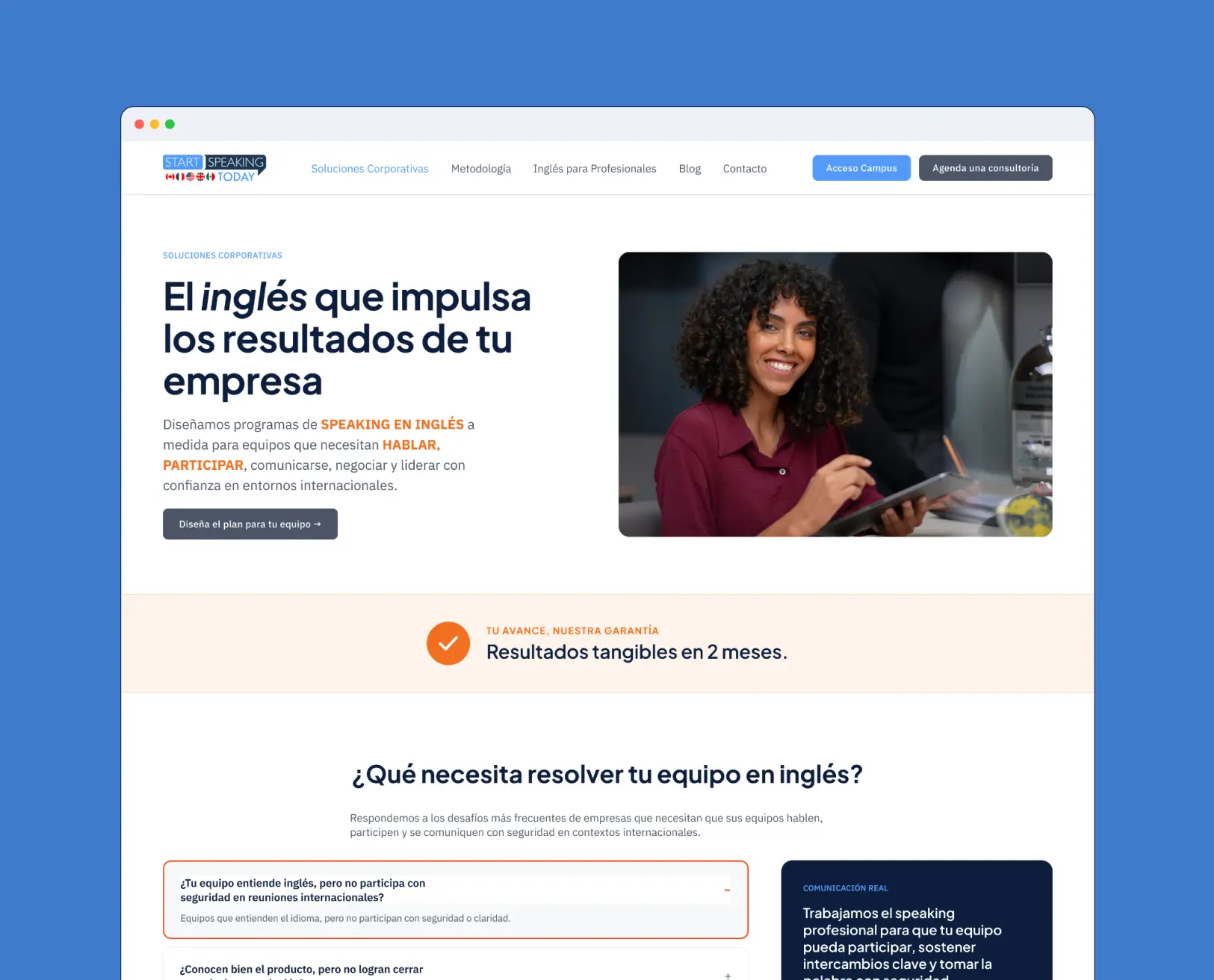 Página Soluciones Corporativas de Start Speaking Today